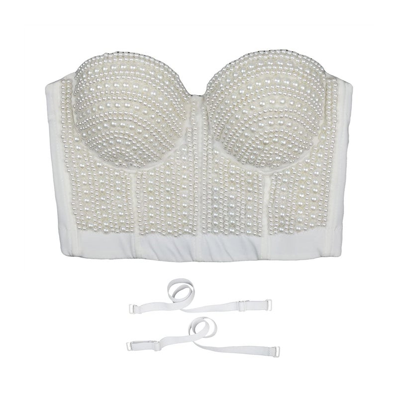 ELLACCI Woment's Pearls Beaded Bustier Crop Top Club Party Sexy Corset Top Bra White Medium - Image 4
